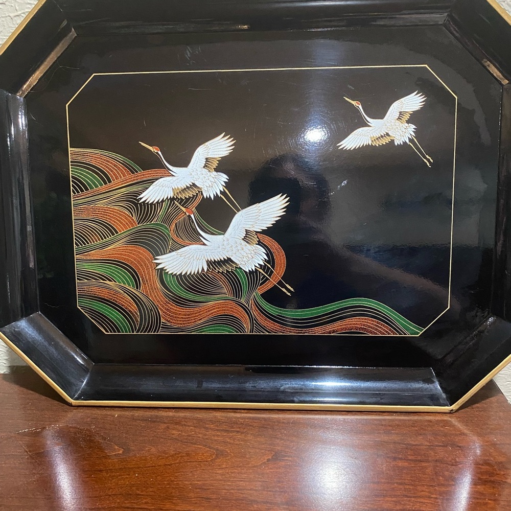 Vintage, Japanese Black Lacquer Serving Tray.
Hand Painted with Flying Cranes